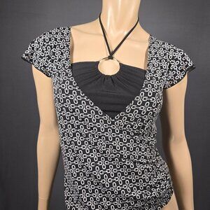 Y2K Halter Neck Top Black White Print Size M Short Cap Sleeve V Neck Surplice